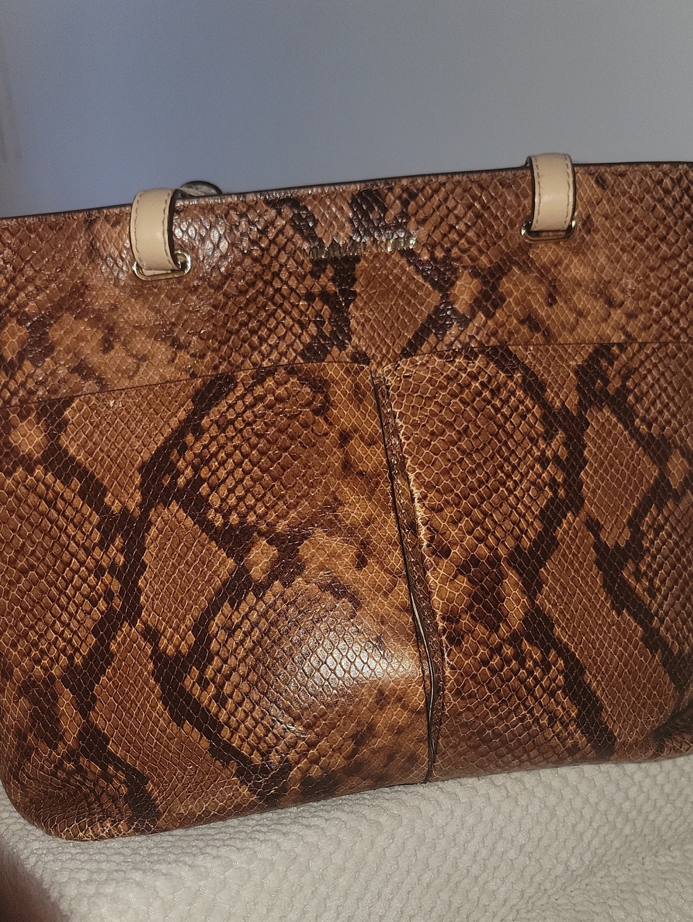 Michael Kors Tan & Brown Snake-Print Tote with Cream Handles